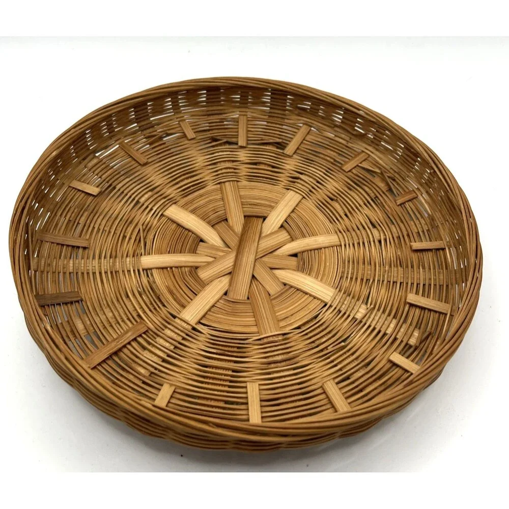Vtg Woven Chinese Split Bamboo & Rattan Woven Boho Round Storage Basket & Lid